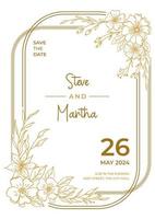 minimaliste mariage invitation modèle avec or main tiré feuilles et fleurs décoration vecteur