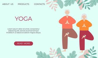 bannière modèle avec Sénior homme et femme Faire yoga. vieux homme et femme pratiquant méditation, faire de l'exercice, en gardant actif en bonne santé mode de vie. vecteur