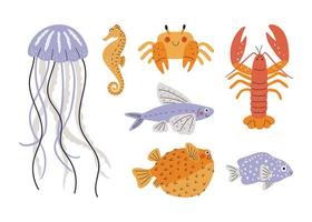 mer la vie ensemble. main tiré méduse, crabe, hippocampe, homard, en volant poisson, puffer poisson. coloré Marin personnages pour des gamins conception vecteur