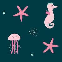 mignonne sans couture modèle sur une mer thème avec méduse, étoile de mer, et une hippocampe. océanique Contexte conception pour enfants fond d'écran ou en tissu pour enfants. vecteur