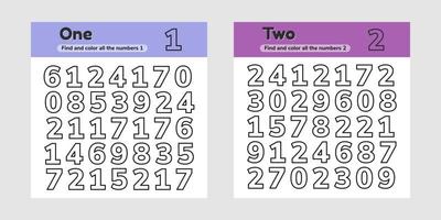 définir une feuille de calcul éducative pour les enfants d'âge préscolaire, d'âge préscolaire et scolaire. Nombres. trouver et colorier. vecteur