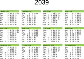 année 2039 calendrier dans Anglais vecteur