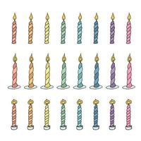 ensemble de bougies d'anniversaire brûlantes. illustration de doodle unique. clipart dessiné à la main pour carte, logo, design vecteur