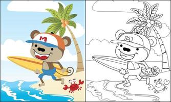 coloration livre de singe dessin animé porter planche de surf dans le plage avec peu Crabe vecteur