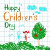 affiche avec carnet papier et mignonne griffonnage dessin de content des gamins et préceptes à célébrer les enfants s journée. vecteur