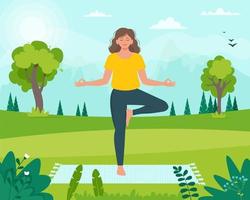 femme en faisant du yoga dans le parc. concept de remise en forme saine relaxante. activité estivale. illustration vectorielle dans un style plat vecteur