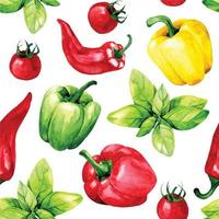 aquarelle dessin. sans couture modèle de des légumes et culinaire herbes. basilic, cloche poivre, le Chili poivre, tomates vecteur