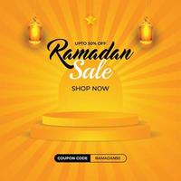 Ramadan vente remise bannière avec lanternes, étoile et luxe 3d podium étape pour produit afficher vecteur