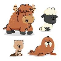 ensemble de mignonne dessin animé animaux vecteur illustration. yak, quokka, morse, mouton