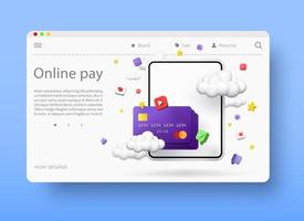 concept de paiements en ligne, illustration vectorielle 3d. l'achat de produits et de services d'application sur Internet. services bancaires en ligne. vecteur