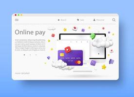 concept de paiements en ligne, illustration vectorielle 3d. l'achat de produits et de services d'application sur Internet. services bancaires en ligne. vecteur