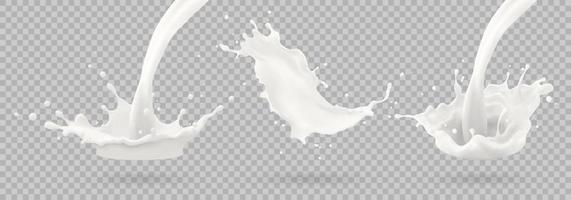 jet de lait, éclaboussures laiteuses, éclaboussures blanches liquides réalistes vectorielles sur fond isolé. Illustration 3D. vecteur