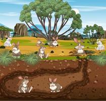 terrier animal souterrain avec famille de lapins vecteur