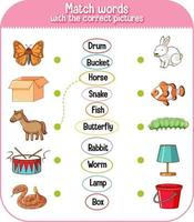 faire correspondre les mots avec le jeu d'images correct pour les enfants vecteur