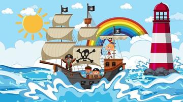 plage avec bateau pirate à la scène de jour en style cartoon vecteur