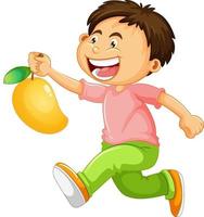 personnage de dessin animé garçon heureux tenant une mangue vecteur