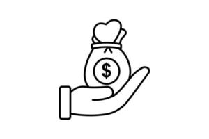 don icône illustration. main avec argent sac. icône en relation à charité. ligne icône style. Facile vecteur conception modifiable