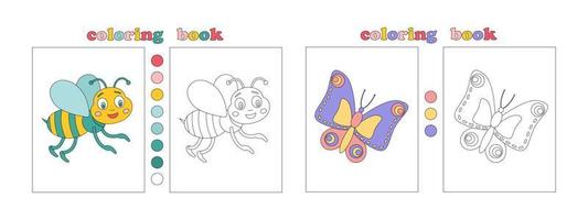 coloration livre page modèle pour enfants. mignonne main tiré personnages pour coloration. papillon, abeille. coloration livre avec fleur échantillons pour le plus jeune. les enfants éducation. vecteur