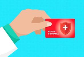 médecin main tenant un carton rouge d'assurance maladie médicale. illustration vectorielle de concept de service de santé isolé vecteur
