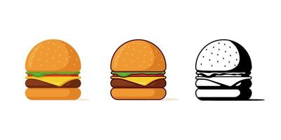 ensemble isolé de hamburger de restauration rapide. hamburger aux tomates verts d'arc juteuse tranche de fromage d'escalope de bœuf frit en petit pain avec sauce. cheeseburger fastfood illustration vectorielle de symbole coloré et noir vecteur