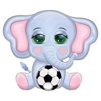 mignonne dessin animé éléphant, enfants personnage avec magnifique yeux avec une football balle, Jeux pour les enfants et adultes vecteur