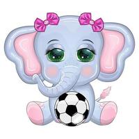 mignonne dessin animé éléphant, enfants personnage avec magnifique yeux avec une football balle, Jeux pour les enfants et adultes vecteur