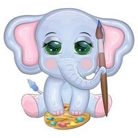 mignonne dessin animé éléphant, enfant personnage avec magnifique yeux avec des peintures et brosse, artiste vecteur