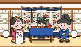 Personnages de mariés célébrant une cérémonie de mariage traditionnelle coréenne. illustrations de conception de vecteur de style dessiné à la main.