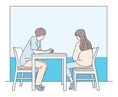 un couple est assis face à face à une table et regarde par la fenêtre. illustrations de conception de vecteur de style dessiné à la main.