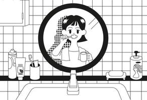 une fille regarde dans le miroir de la salle de bain et se brosse les dents. illustrations de conception de vecteur de style dessiné à la main.