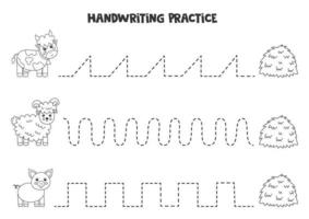 traçant des lignes avec des animaux de la ferme en noir et blanc. pratique de l'écriture. vecteur