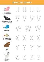 traçage des lettres de l'alphabet anglais avec des animaux. pratique de l'écriture. vecteur