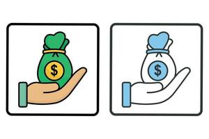 don icône illustration. main avec argent sac. icône en relation à charité. deux Ton icône style, plat doubler. Facile vecteur conception modifiable