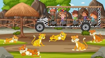 Scène de safari avec des enfants sur une voiture de tourisme regardant un groupe de léopard vecteur