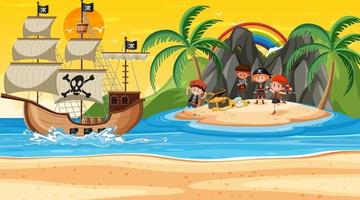 Scène d & # 39; île au trésor au coucher du soleil avec des enfants pirates vecteur