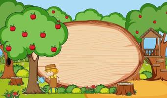 Scène de jardin avec planche de bois vierge de forme ovale avec personnage de dessin animé de jardinier doodle vecteur