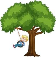 Enfant jouant le swing de pneu sous l'arbre sur fond blanc vecteur
