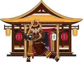 dessin animé Japonais samouraï guerrier à l'extérieur ancien temple histoire illustration vecteur