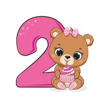 un illustration de le dessin animé content anniversaire, 2 ans vieux, une mignonne peu ours fille. vecteur illustration.