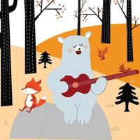 mignon, renard, et, ours peluche, jouer guitare, dans, les, printemps, forêt vecteur