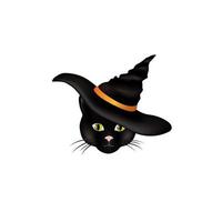 chat dans un chapeau de sorcière. chat noir regardant la caméra en tenue d'halloween. dessin animé drôle d'animaux de vacances au chapeau noir pour carte de voeux vecteur