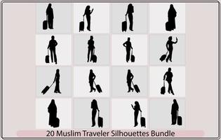 arabe homme dans Voyage silhouette paquet, le musulman voyageur famille Voyage dans ramadan, musulman fille soi indépendant femmes en voyageant, vecteur