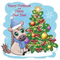 mignonne cheval, poney dans Père Noël chapeau avec bonbons Kane, Noël balle, cadeau, la glace patinage. hiver est à venir vecteur