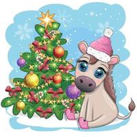 mignonne âne dans Père Noël chapeau avec ballon, cadeau, bonbons kane près le Noël arbre. carte postale pour Noël vecteur