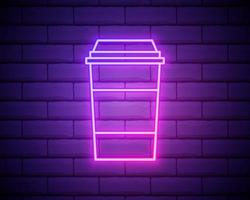 café, cappuccino, boisson icône néon. ligne mince simple, vecteur de contour des icônes de nourriture pour ui et ux, site Web ou application mobile sur mur de briques sombres