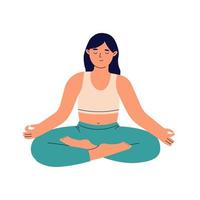 femmes avec fermé yeux dans yoga lotus pose sur blanc Contexte. femelle les pratiques méditation et relaxation. mental bien-être, soi se soucier et harmonie. plat vecteur illustration
