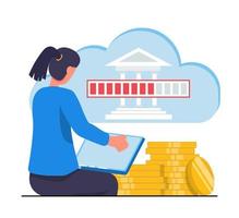 en ligne paiement. une femme fait du une transaction par une ordinateur portable, une nuage avec une banque et or pièces de monnaie proche vecteur