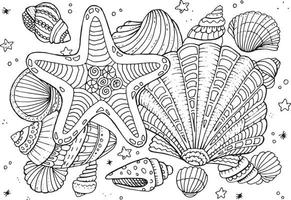 main tiré coloration page pour des gamins et adultes. été plage, mer coquilles, étoile de mer, océan. magnifique dessin avec motifs et petit détails. coloration livre des photos. vecteur