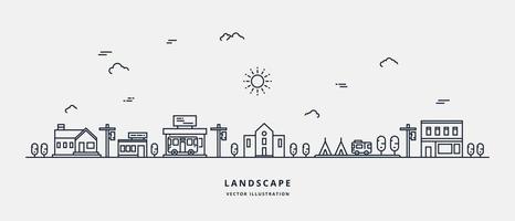 paysage de vecteur avec maisons, bâtiment, arbre, ciel. paysage de banlieue. vecteur de conception art ligne plate.