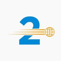 concept de logo global lettre 2 avec icône du monde en mouvement. modèle de vecteur de symbole de logo mondial